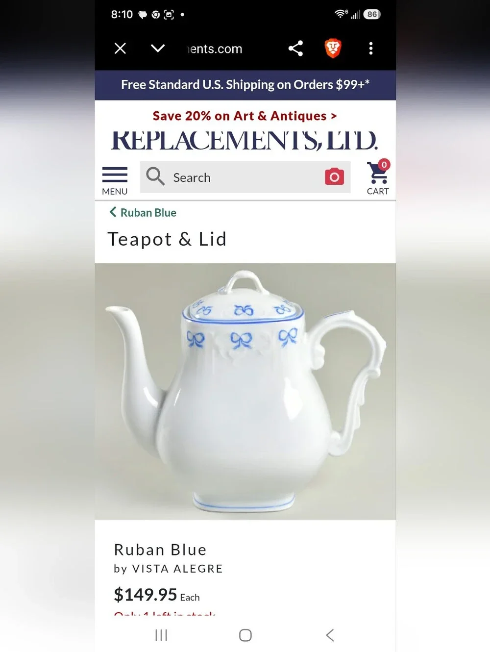 Ruban Blue by Vista Alegre White Porcelain Teapot with Blue Ribbon Trim. Mint!